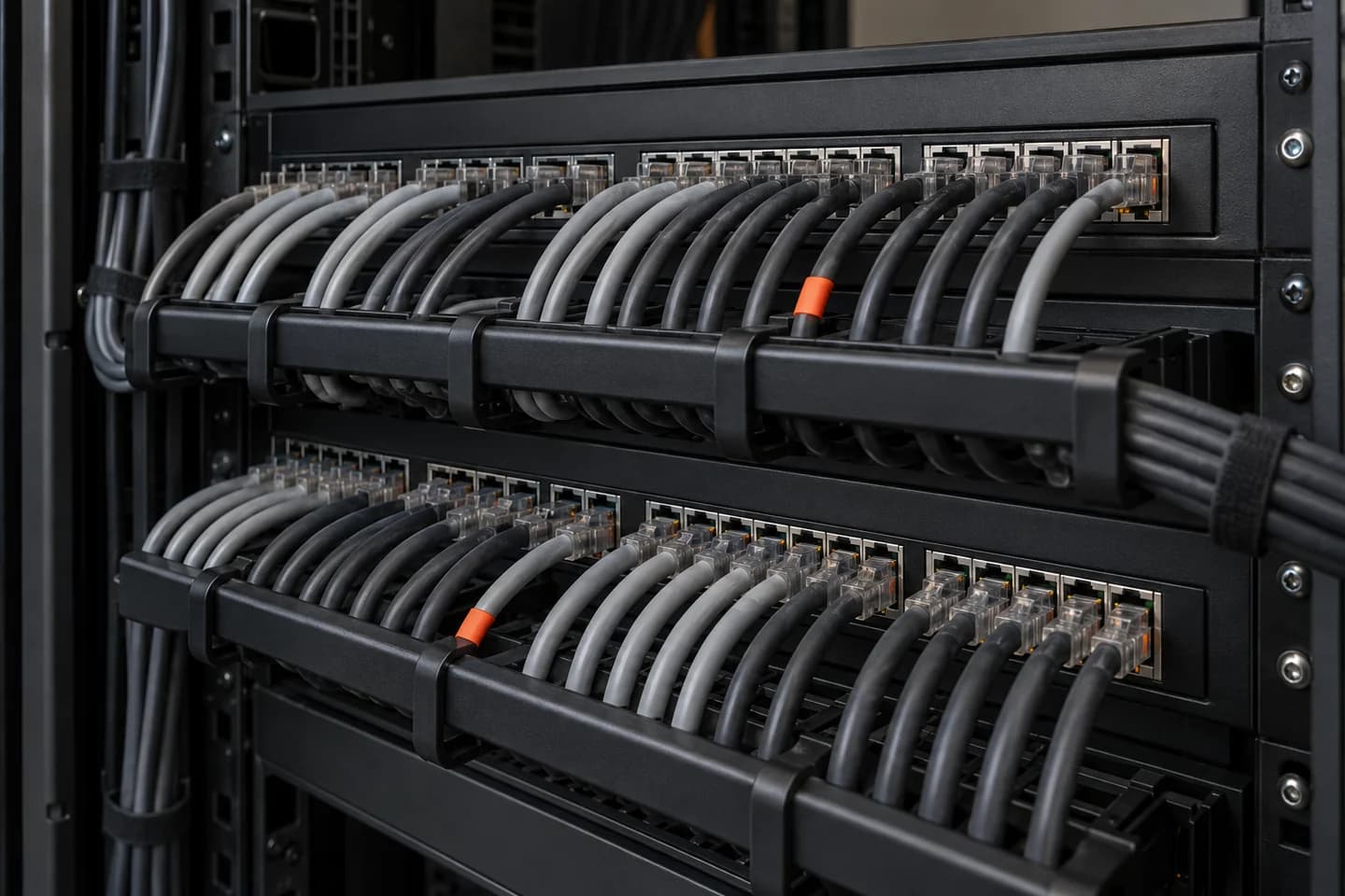 AI-generated illustration of organized Ethernet patching in a network rack; not a client installation.