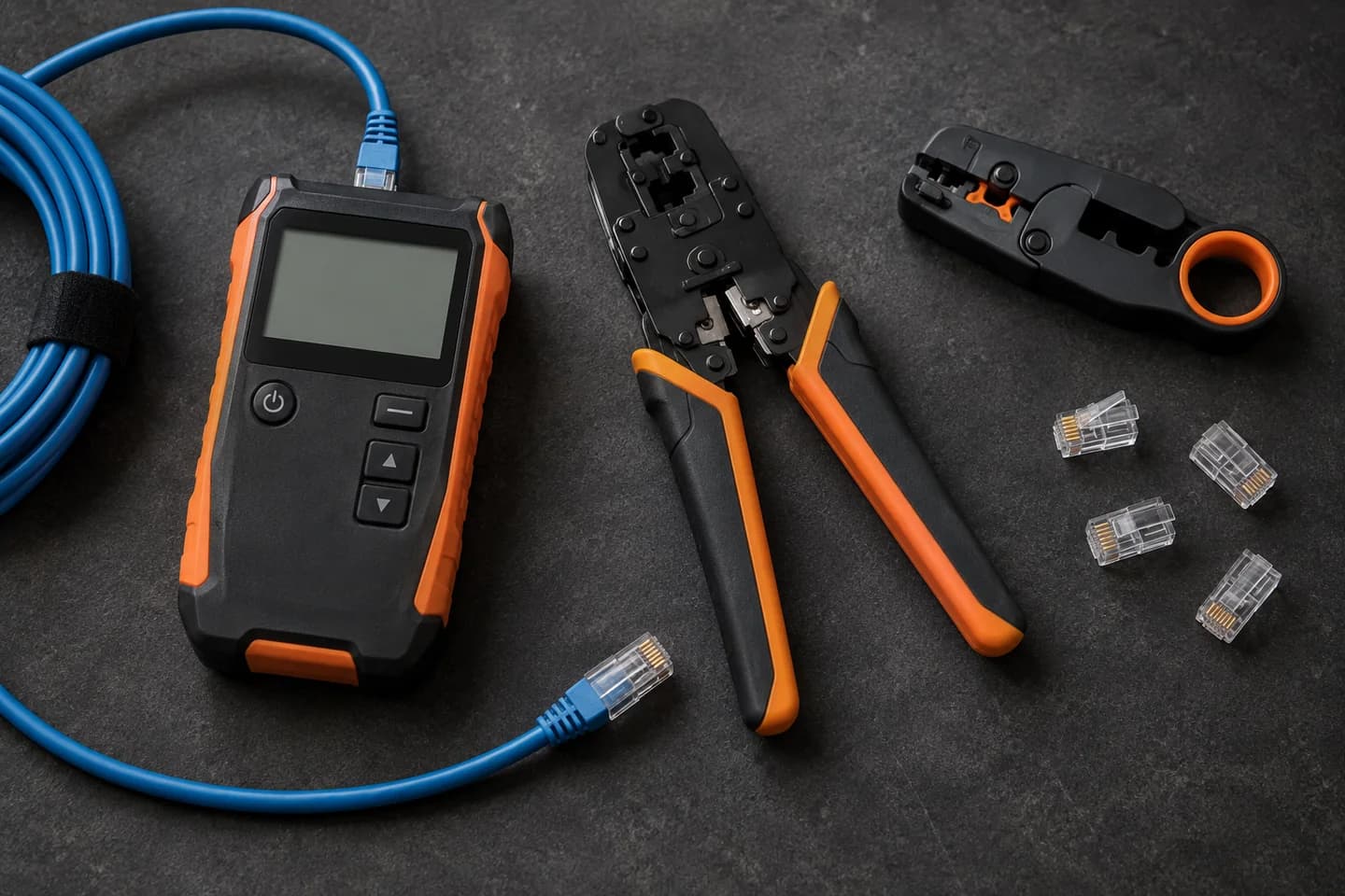 Illustration of an Ethernet tester, termination tools and connectors on a dark workbench.